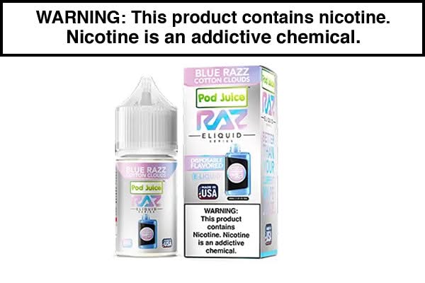 BLUE RAZZ COTTON CLOUDS BY POD JUICE X RAZ 100ML BLUE RAZZ COTTON CLOUDS BY POD JUICE X RAZ 100ML