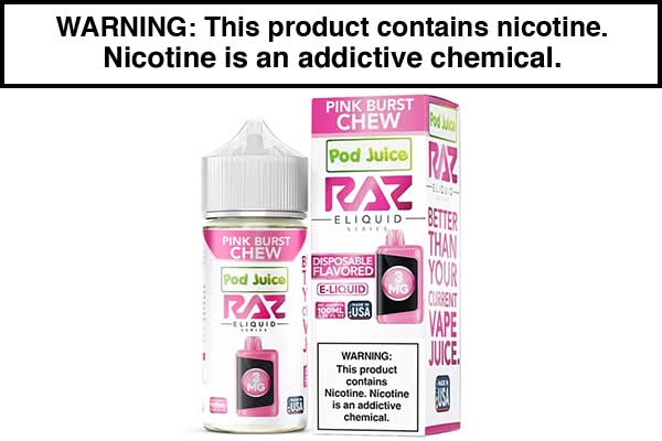 PINK BURST CHEW BY POD JUICE X RAZ 100ML PINK BURST CHEW BY POD JUICE X RAZ 100ML