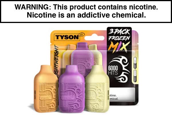TYSON 2.0 LIGHTWEIGHT DISPOSABLE VAPE 6000 PUFFS (3-PACK) TYSON 2.0 LIGHTWEIGHT DISPOSABLE VAPE 6000 PUFFS (3-PACK)