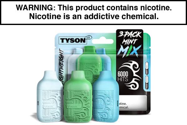 TYSON 2.0 LIGHTWEIGHT DISPOSABLE VAPE 6000 PUFFS (3-PACK) TYSON 2.0 LIGHTWEIGHT DISPOSABLE VAPE 6000 PUFFS (3-PACK)