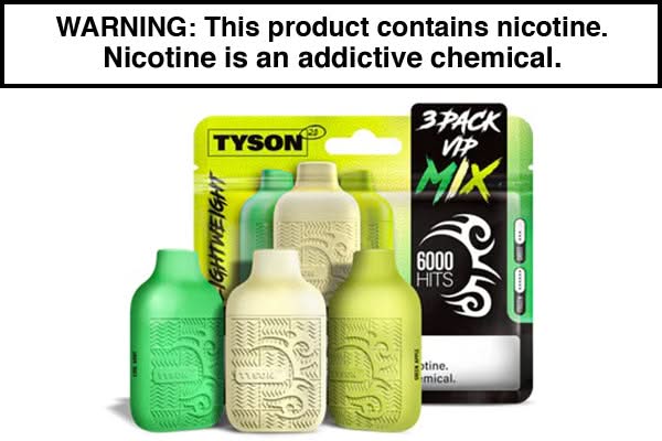 TYSON 2.0 LIGHTWEIGHT DISPOSABLE VAPE 6000 PUFFS (3-PACK) TYSON 2.0 LIGHTWEIGHT DISPOSABLE VAPE 6000 PUFFS (3-PACK)