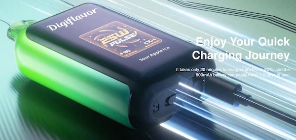 The Geek Bar Digiflavor Sky supports fast charging and has a built-in screen showing the battery's current charge level.