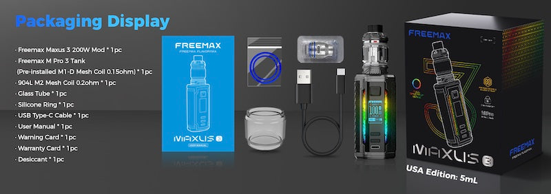 The Freemax Maxus 3 kit comes with the M Pro 3 tank and two spare coils.