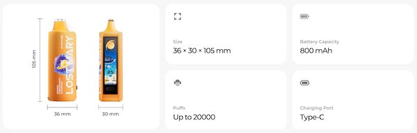 The Lost Mary MO20000 Pro has a battery capacity of 800 mAh, so it takes a little longer to charge than some other disposable vapes.