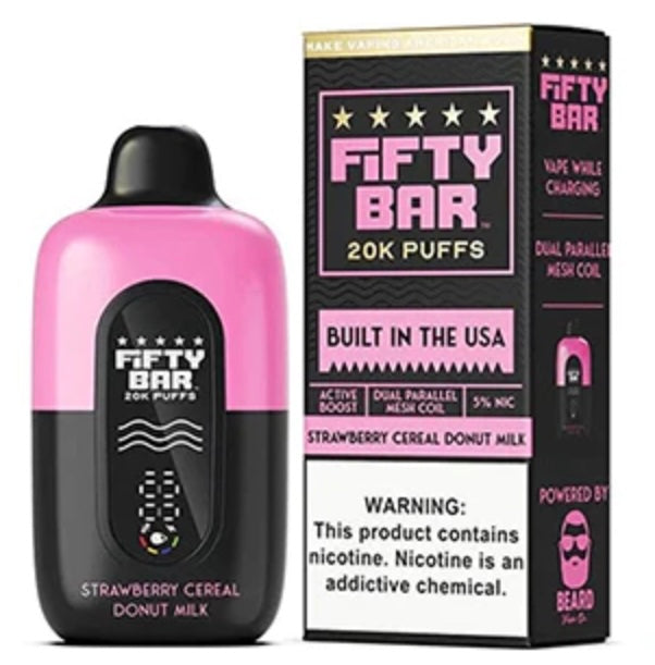 The Strawberry Cereal Donut Milk Fifty Bar V2 is a must-try vape if you're a fan of the Raz Strawberry Shortcake flavor.